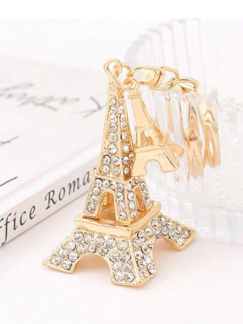 Gold Eiffel Tower Charm Keychain with Rhinestones